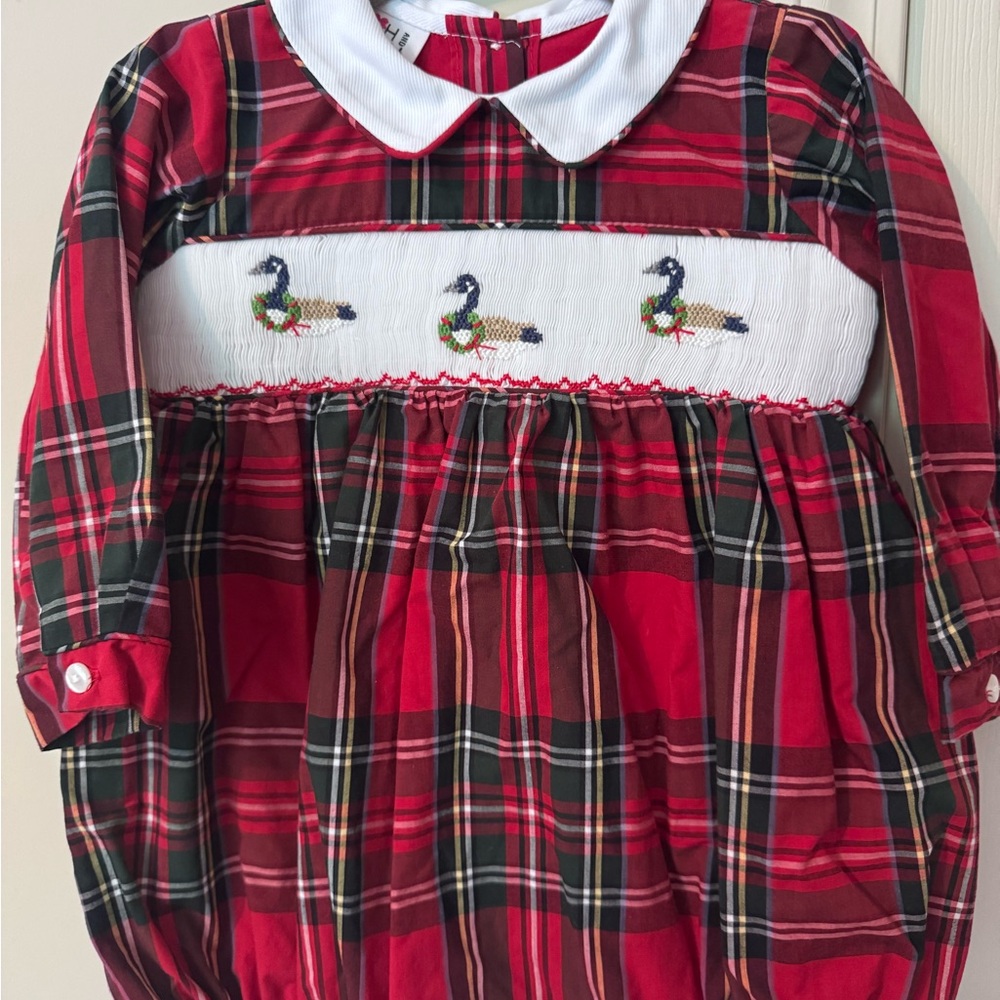 12m Christmas Goose Smocked Red Plaid Bubble - Ruth and Ralph